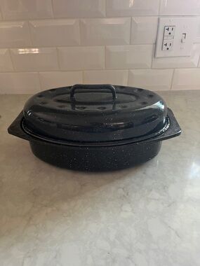 Small Vintage Black Enamel Speckled Turkey Breast Roaster Pan Thanksgiving